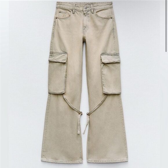 Zara Denim - NWT Zara TRF Mid Rise Cargo Baggy Loose Fit Light Tan Wide Leg Y2K Denim